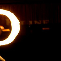 Train cars in the fire light